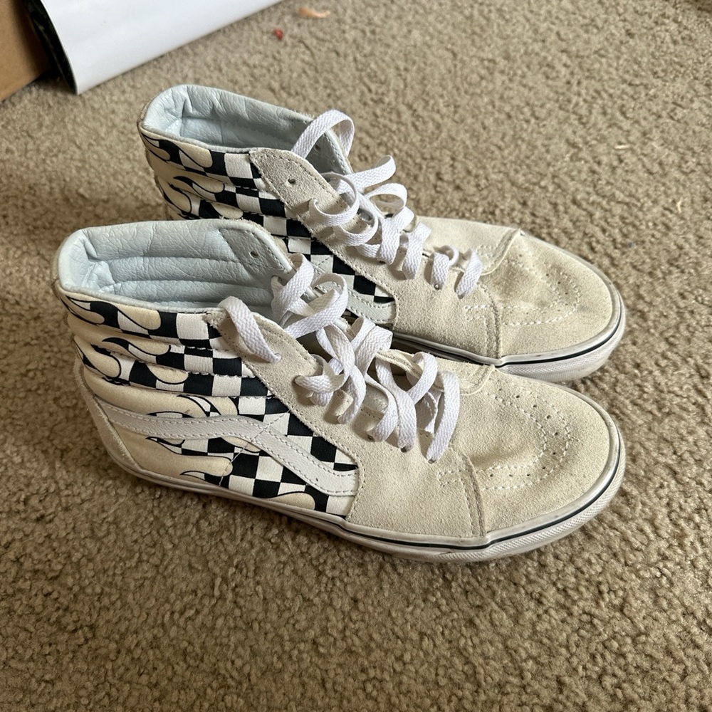 Vans White and Black Checkerboard High-Top Sneakers
